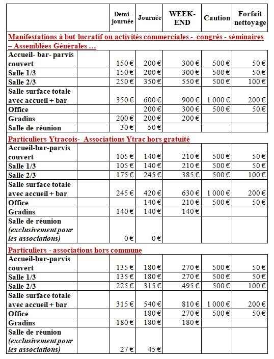 Tarifs grande salle