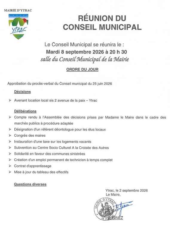 Ordre du jour CM du 8 septembre 2026