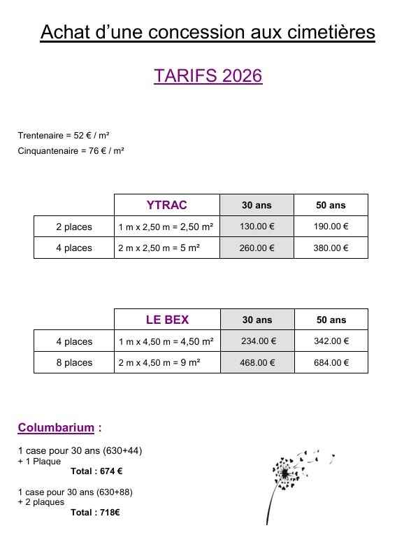 Tarifs concessions cimetière